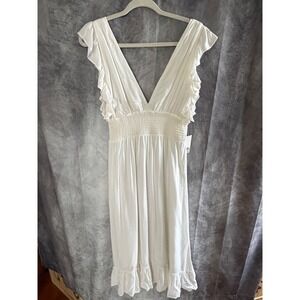 BP Nordstrom White Ruffle V-Neck Smocked Waist Midi Dress BP393387MI Small NWT